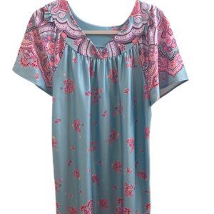 Vintage National Blue Floral Short Sleeve Knee Length House Dress MuuMuu Pocket